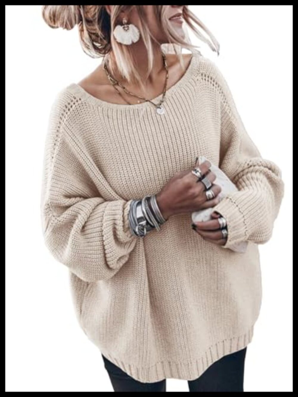 Womens 100% Cotton Oversized Long Sleeve Knit Pullover Sweater